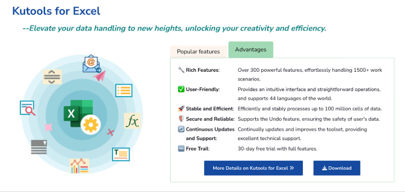 展示Kutools for Excel核心功能与能力的概览图1