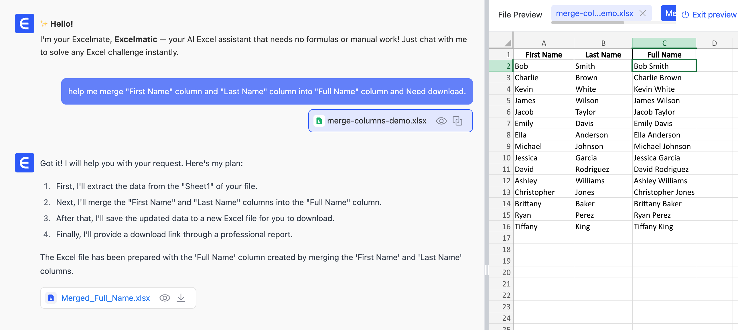  Excel AI를 사용하여 Excel에서 두 열 병합하기