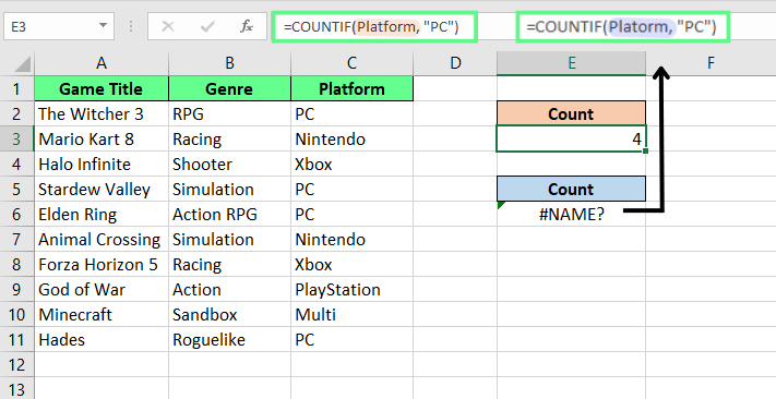 错误命名区域导致Excel出现#NAME?错误