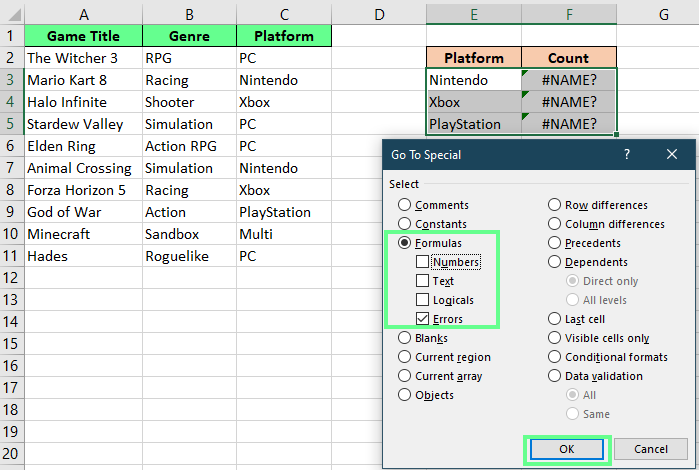 使用Excel定位条件工具高亮错误