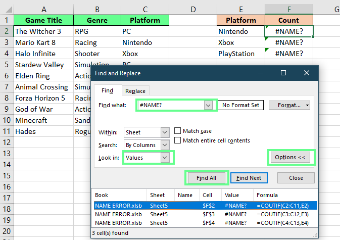 使用查找替换工具定位#NAME?错误