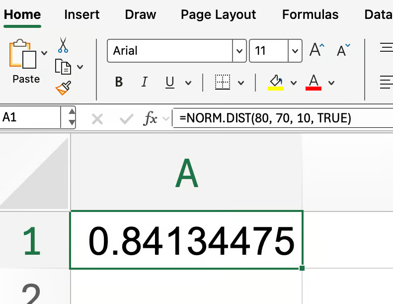 Excel NORM.DIST()函数基础示例1