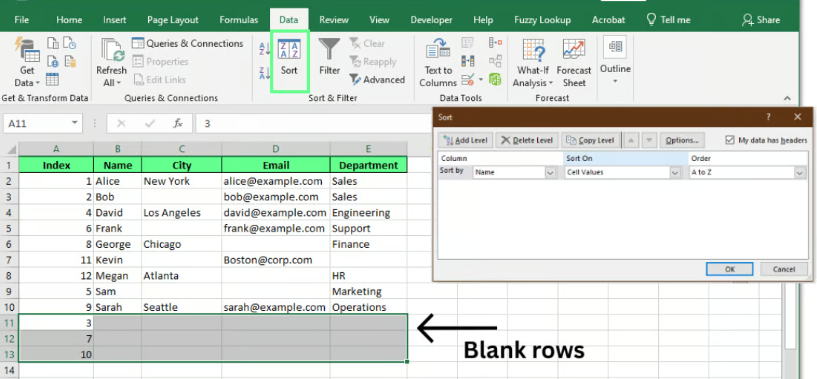 使用排序将空白行移到底部以便于删除。 4