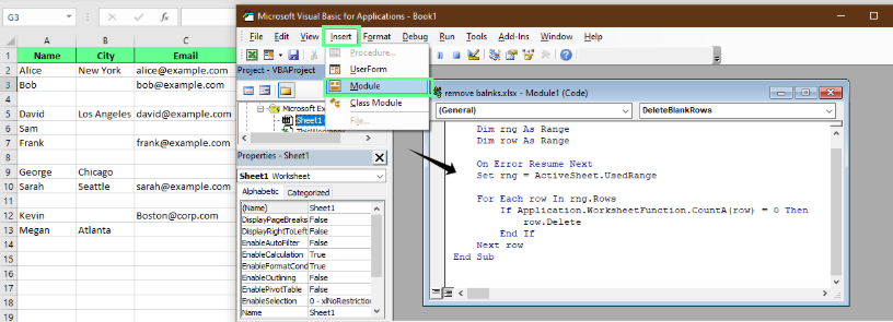 在 Excel 中使用 VBA 编辑器删除整个空白行。 5