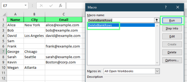 运行宏以删除 Excel 中的空白行。 6