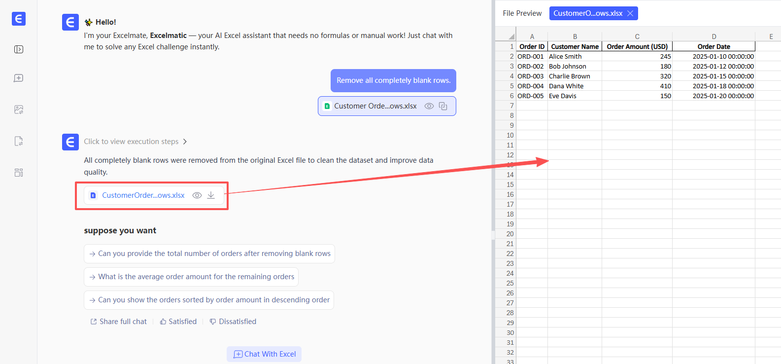 使用像匡优Excel这样的AI助手,通过简单命令删除空行。 1
