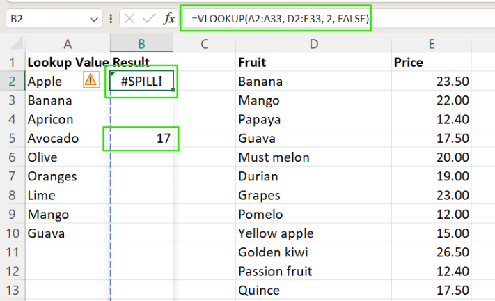 由 VLOOKUP() 函数引起的 Excel #SPILL! 错误 10