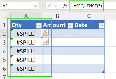 Excel 中由表格内动态数组引起的 #SPILL! 错误 2