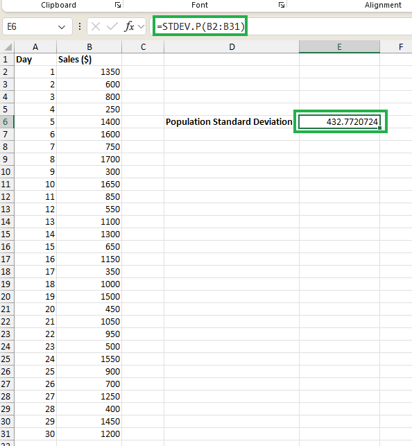 Calculating population standard deviation in Excel 5