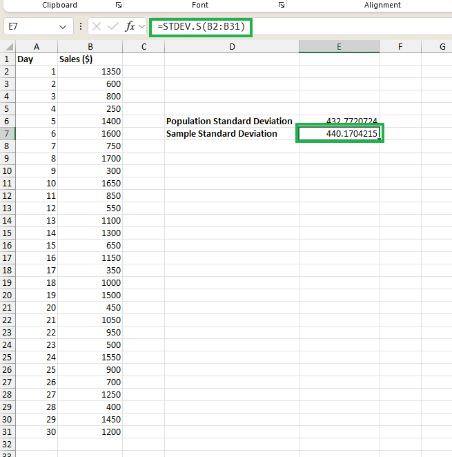 Calculating sample standard deviation in Excel 6