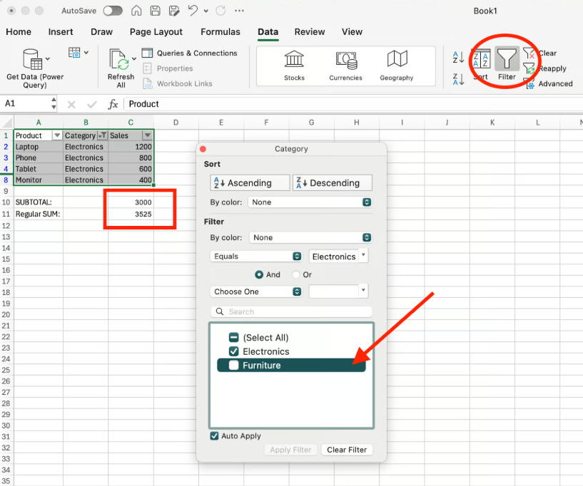 使用SUBTOTAL筛选数据集 2