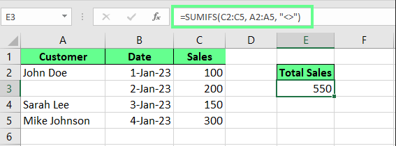 在 Excel 中使用 SUMIFS() 函数对所有非空单元格求和。 3