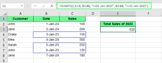 在 Excel 中使用 SUMIFS() 对日期范围求和。 6