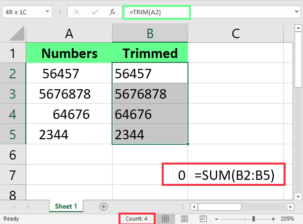 在Excel中对数值使用TRIM。 3