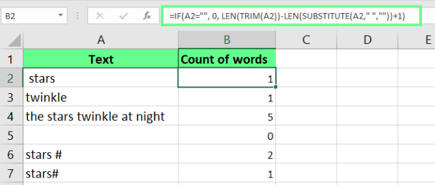在Excel中将空单元格的单词数计为零。 7