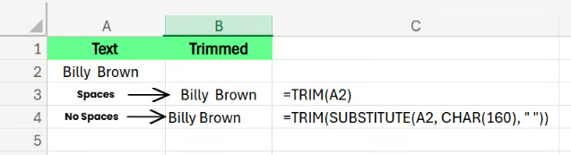 在Excel中使用TRIM和SUBSTITUTE函数移除非换行空格。 8