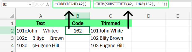 在Excel中使用CODE、SUBSTITUTE和TRIM函数移除特殊字符。 9