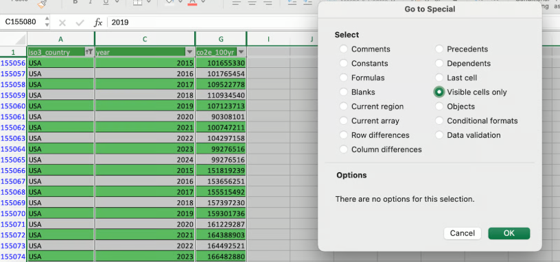finding hidden columns from go to special 10