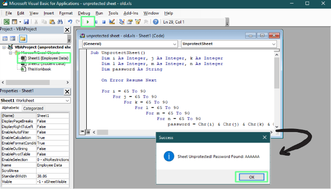 在Excel中使用VBA宏取消工作表保护。 2