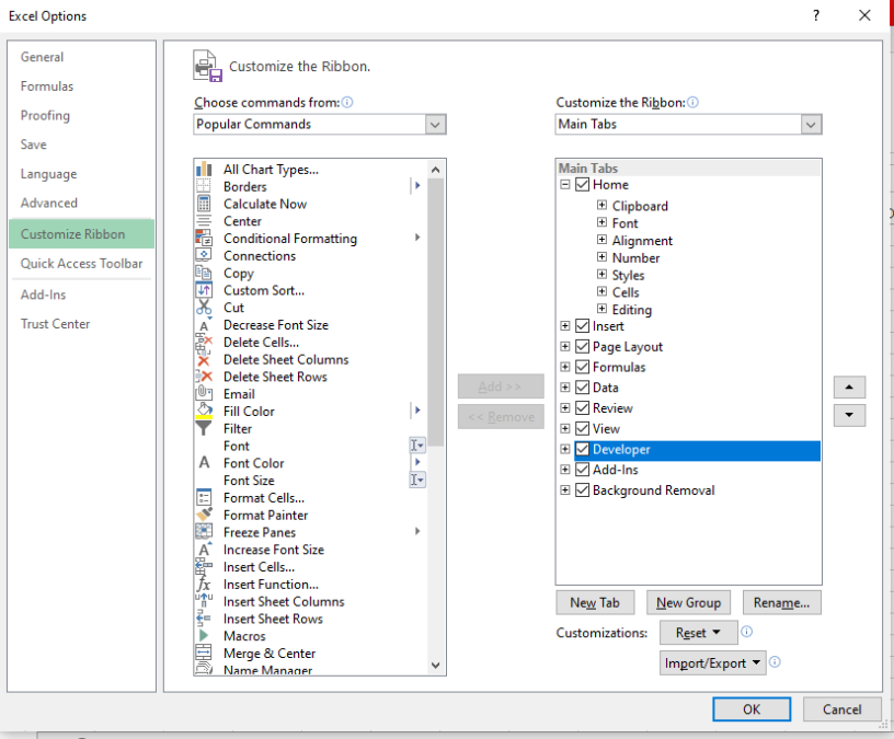 Selecting the Developer Option from a dialog box and hit OK in Excel 3