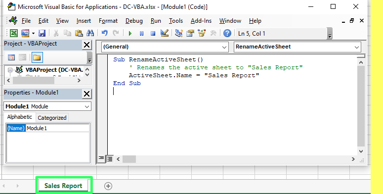 Code for changing the name of the worksheet using VBA in Excel 9