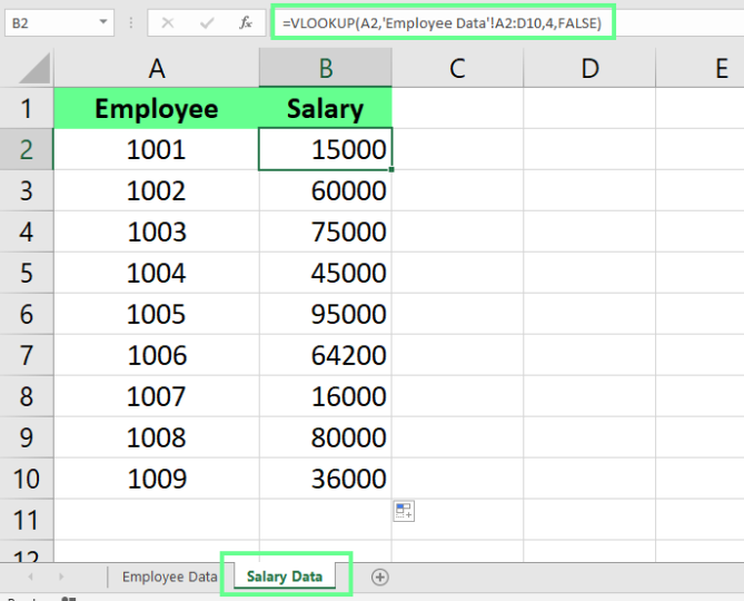 从Employee Data工作表提取数据并复制到Salary Data工作表的Excel截图3