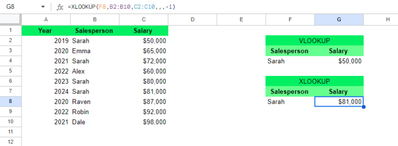VLOOKUP 返回列表顶部的第一个匹配项,而 XLOOKUP 可以双向搜索并找到最近的匹配项 11