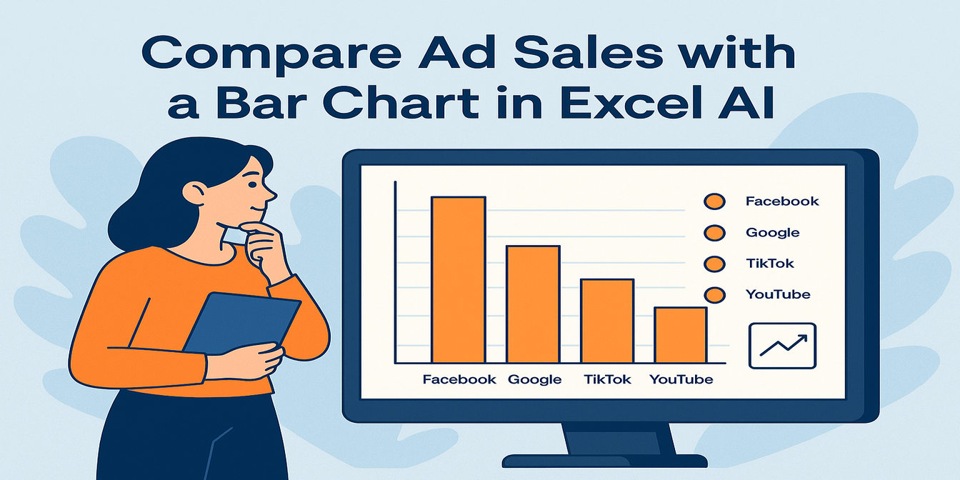 在Excel AI中用条形图比较广告渠道销售额